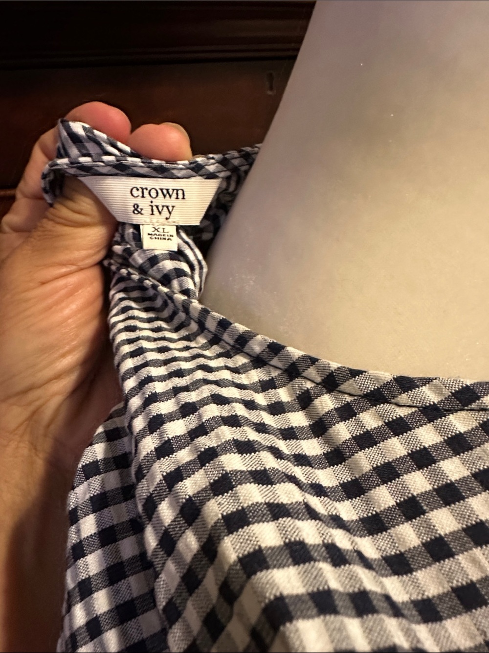 crown & ivy Navy and White Gingham Women's Button-Down Top